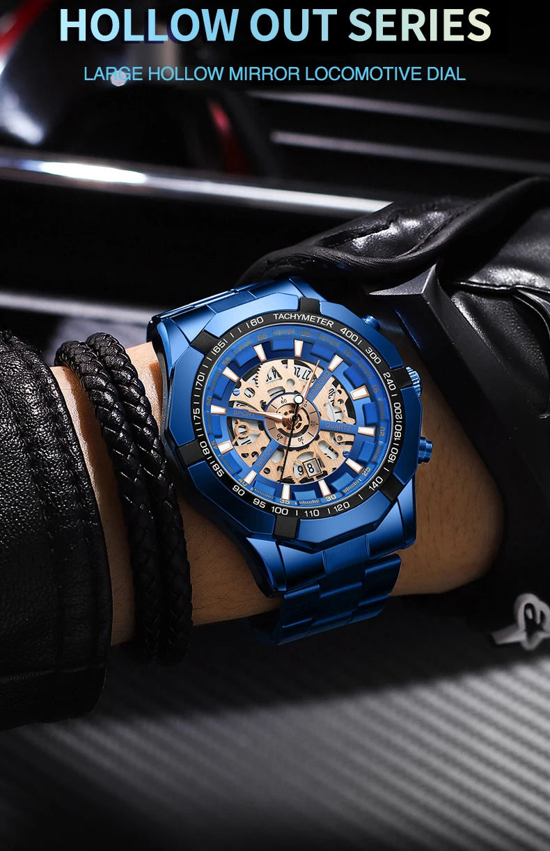 BINBOND Mens Quartz Watches Top Brand Luxury Stainless Steel Waterproof Hollow Out Blue Big Male Wristwatches Relogio Masculino