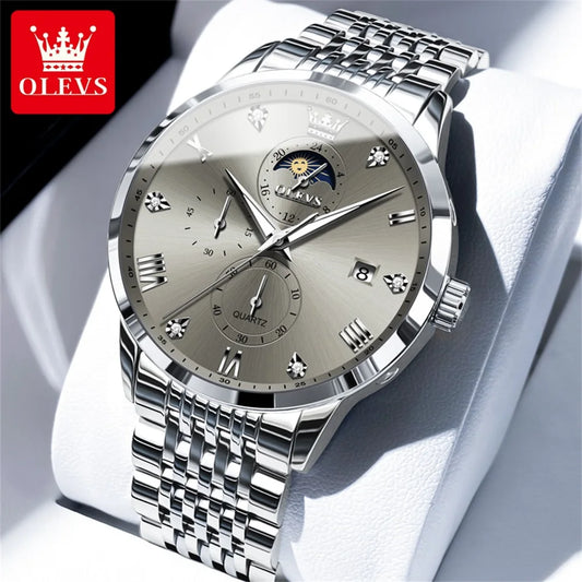 OLEVS Top Brand Men's Watches Business Fashion Original Quartz Watch for Man Grey Dial Moon Phase Date Chronograph Waterproof