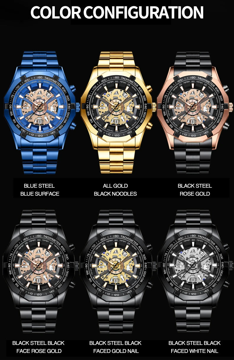 BINBOND Mens Quartz Watches Top Brand Luxury Stainless Steel Waterproof Hollow Out Blue Big Male Wristwatches Relogio Masculino