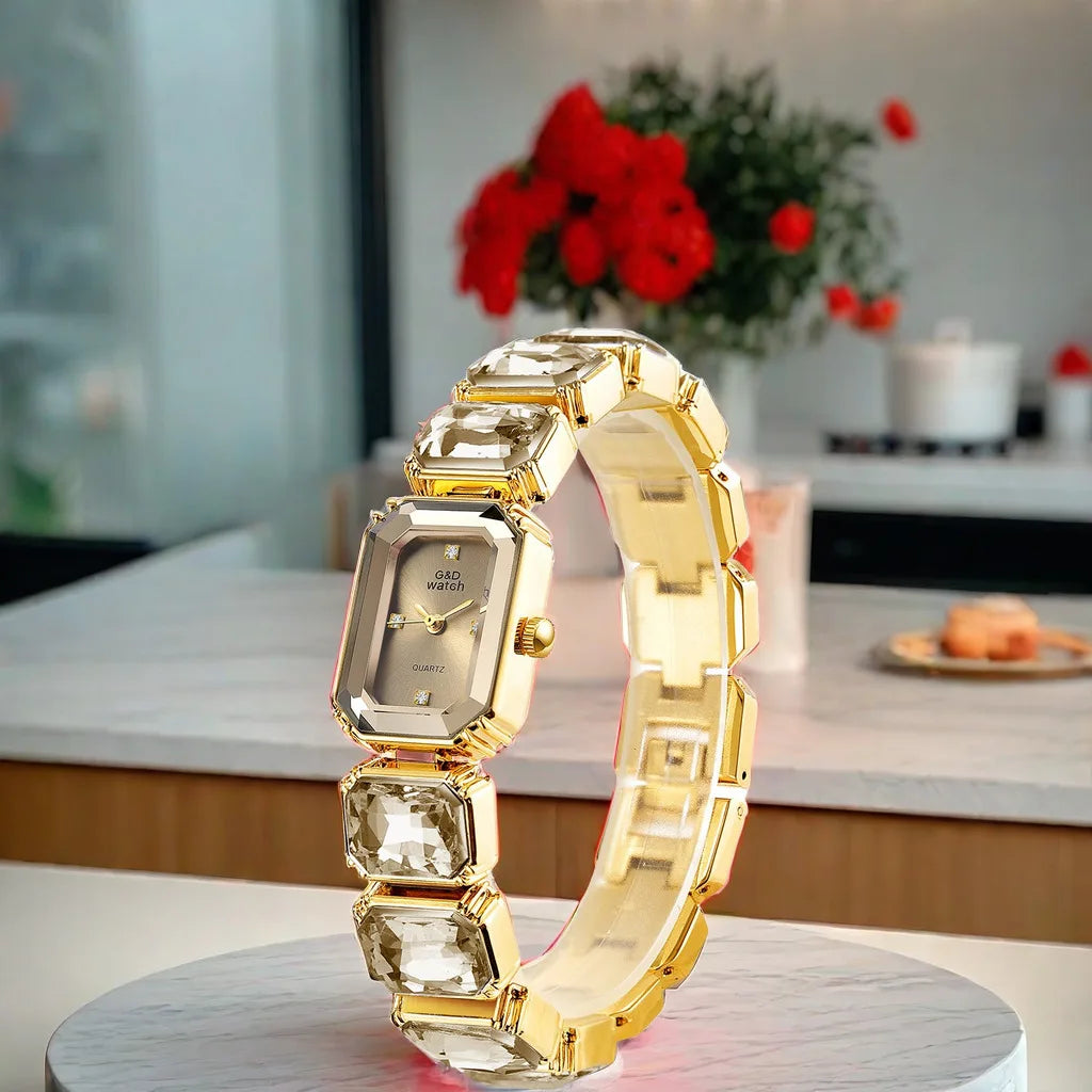 Small golden square dial quartz watch for women bracelet watch luxury diamond fashion women's watch relojes para damas