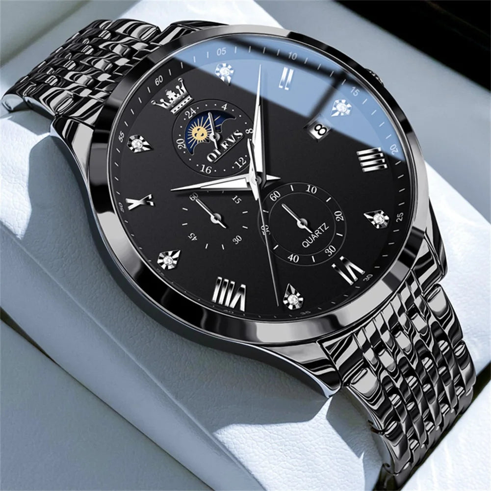 OLEVS Top Brand Men's Watches Business Fashion Original Quartz Watch for Man Grey Dial Moon Phase Date Chronograph Waterproof