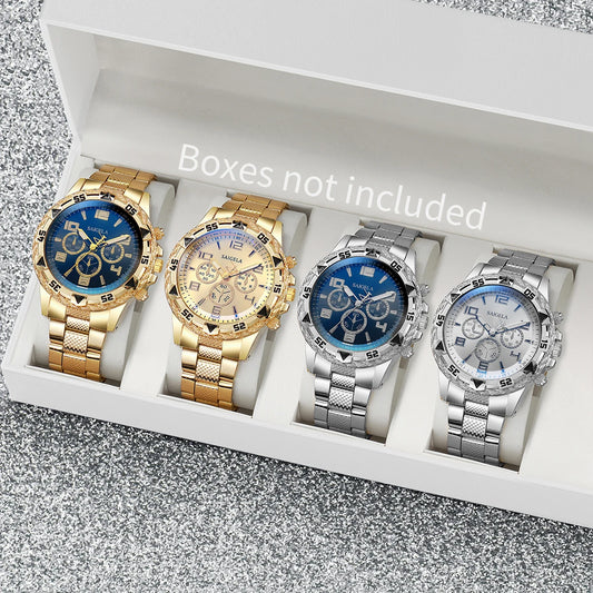 4pcs/set Men's Watches Fashion Arabic Dial Steel Band Quartz Watch Set (Without Box）