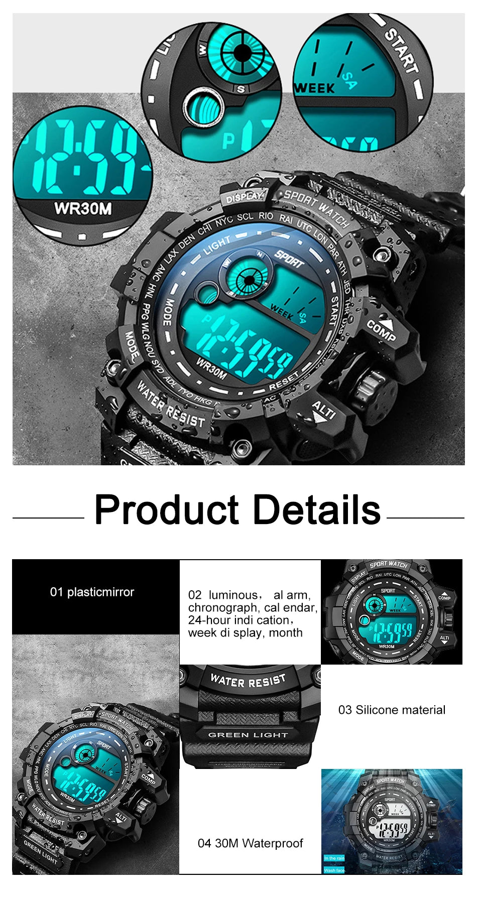 New Men LED Digital Watches Luminous Fashion Sport Waterproof Watches For Man Date Army Military Clock Relogio Masculino