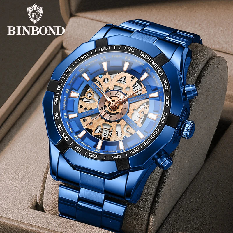 BINBOND Mens Quartz Watches Top Brand Luxury Stainless Steel Waterproof Hollow Out Blue Big Male Wristwatches Relogio Masculino