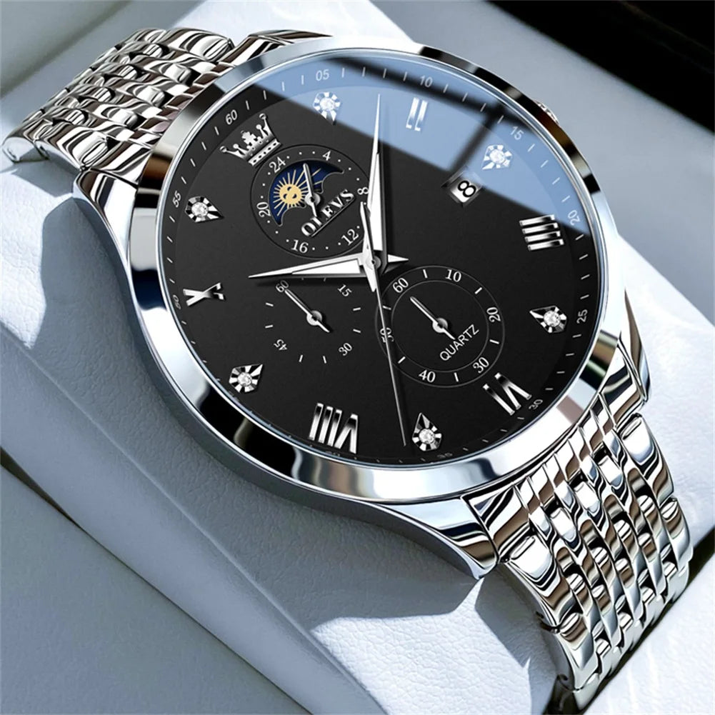 OLEVS Top Brand Men's Watches Business Fashion Original Quartz Watch for Man Grey Dial Moon Phase Date Chronograph Waterproof