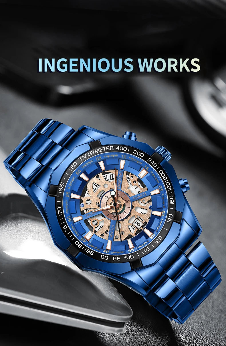 BINBOND Mens Quartz Watches Top Brand Luxury Stainless Steel Waterproof Hollow Out Blue Big Male Wristwatches Relogio Masculino